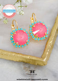 Pink Turquoise Crystal Lever Back Drop Earrings, Pink Dahlia Swarovski Embellished Crystal Earrings, Pink Dahlia Drop Crystal Earrings