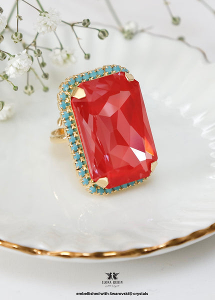 Red Crystal Cocktail Ring, Poppy Red Statement Crystal Ring, Statement Hot Red Crystal Ring, Adjustable Cocktail Red Ring