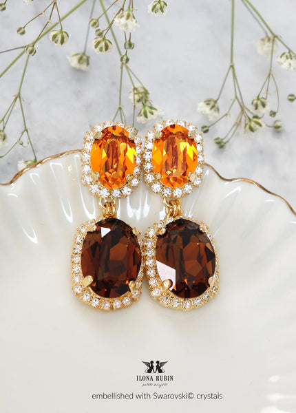 Brown Orange Chandelier Earrings, Autumn Crystal Earrings, Fall Wedding Jewelry, Smoked Topaz Brown Crystal Statement Drop Earrings.