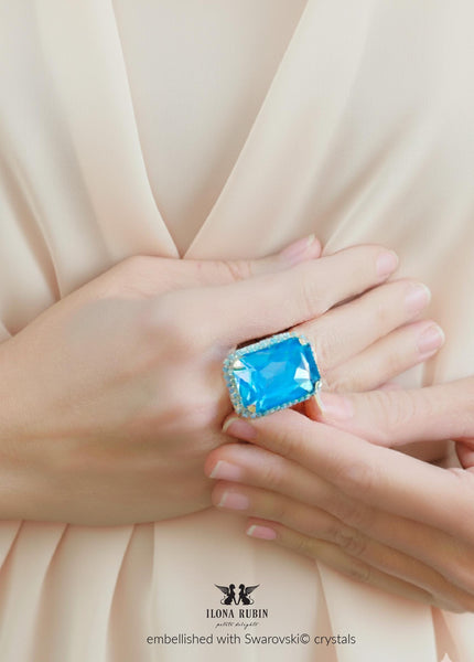 Blue Crystal Cocktail Ring, Blue Teal Statement Crystal Ring, Statement Teal Blue Crystal Ring, Adjustable Cocktail Red Ring
