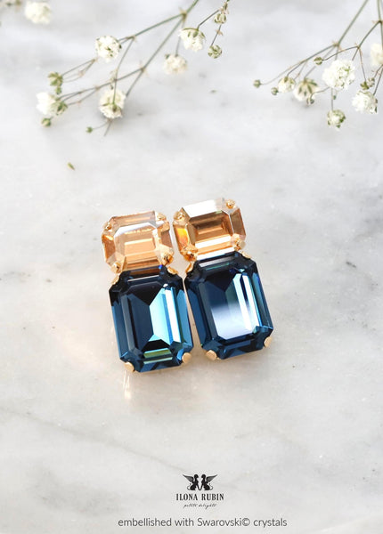 Blue Navy Crystal Stud Earrings, Swarovski Embellished Navy Blue Earrings, Emerald Cut Earrings, Bridal Blue Sapphire Earrings, Gift for Her