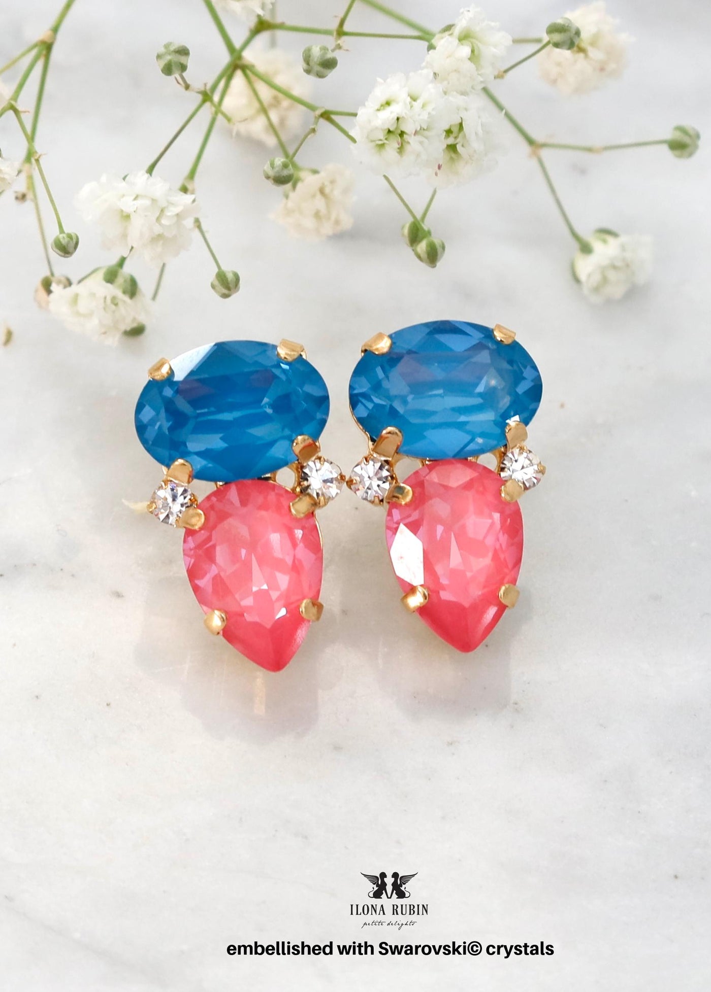 Blue Pink Crystal Earrings, Blue Lagoon Dahalia Pink Stud Earrings, Swarovski Embellished Jewelry, Bridesmaids Gift, Elegant Gift for Her