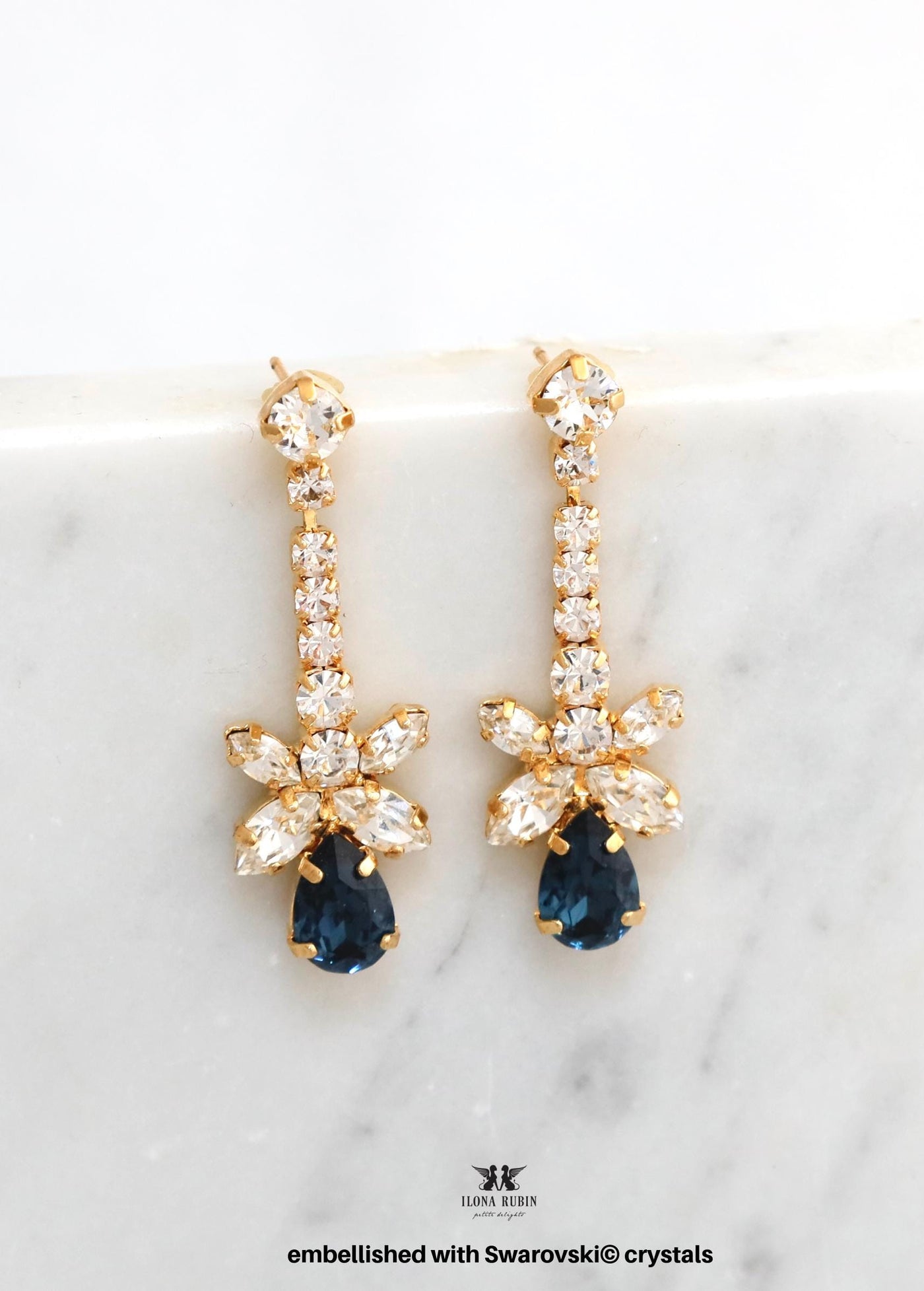 Navy Blue Crystal Dangle Earrings, Blue Navy Drop Bridal Earrings, Bridal Dark Blue Delicate Small Chandelier Crystal Earrings, Gift for Her