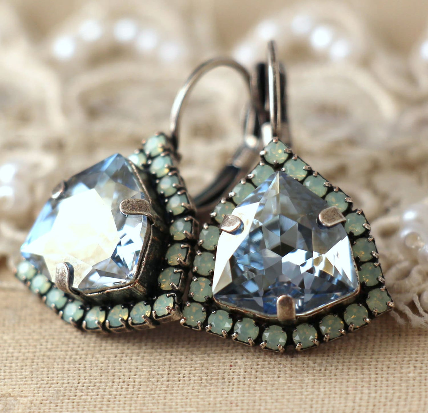 Dusty Blue Earrings, Dusty Blue Austrian SW Crystal Earrings, Blue Green Drop Earrings, Gift for woman, Dusty Blue Green Dangle Drop Earring