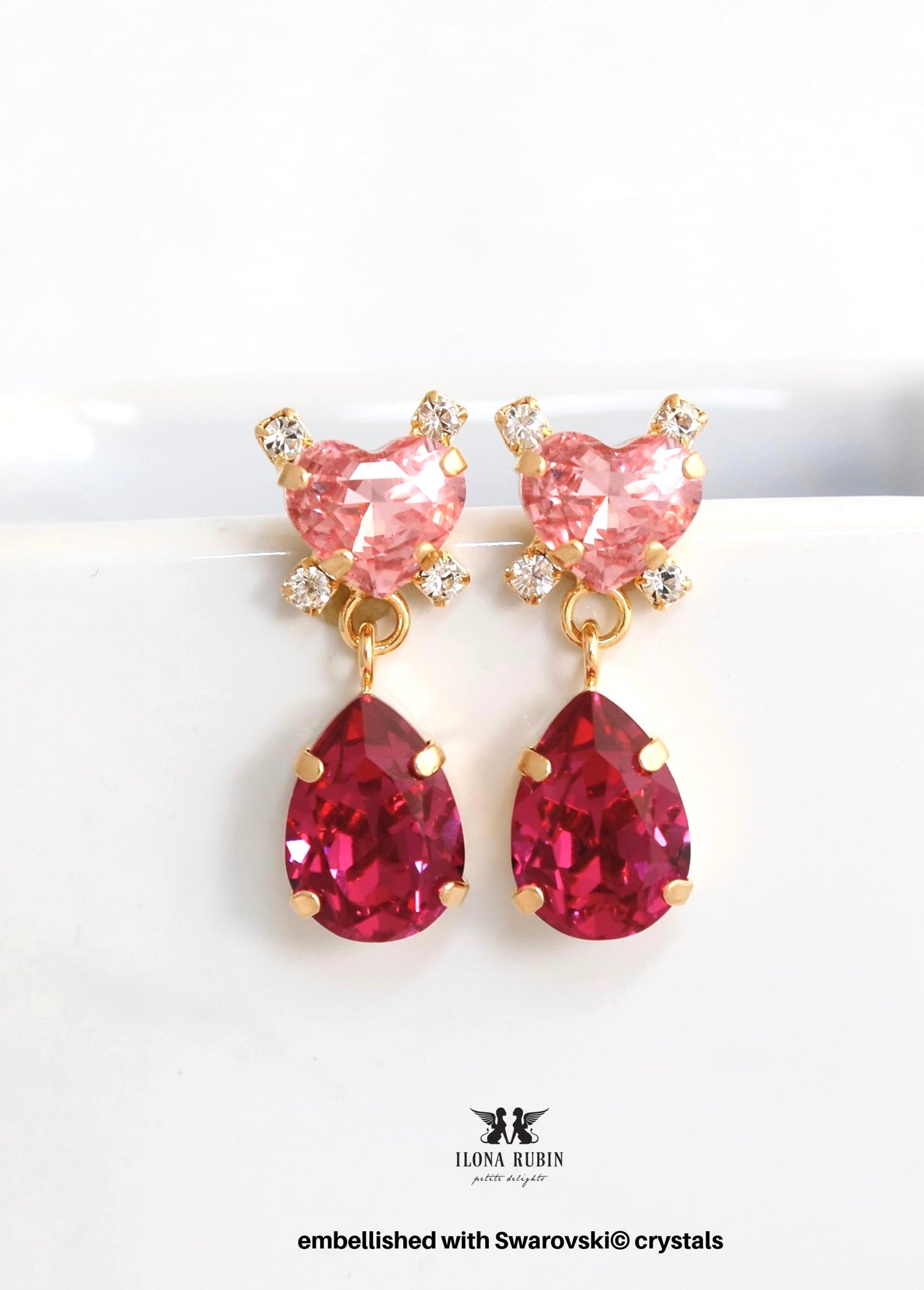 Pink Fuchsia Crystal Dangle Heart Earrings, Swarovski Embellished Pink Heart Drop Earrings, Bridal Pink Chandelier Earrings, Gift for Her