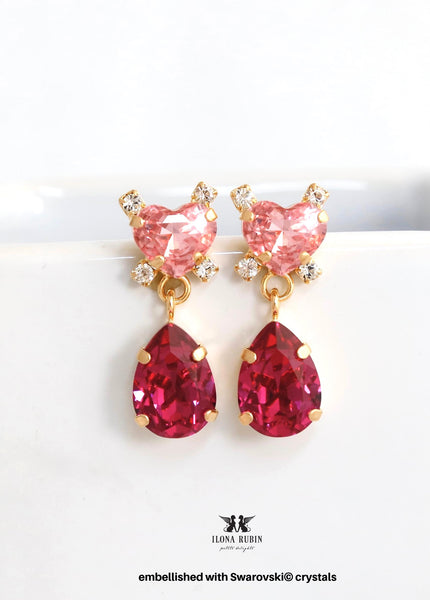 Pink Fuchsia Crystal Dangle Heart Earrings, Swarovski Embellished Pink Heart Drop Earrings, Bridal Pink Chandelier Earrings, Gift for Her