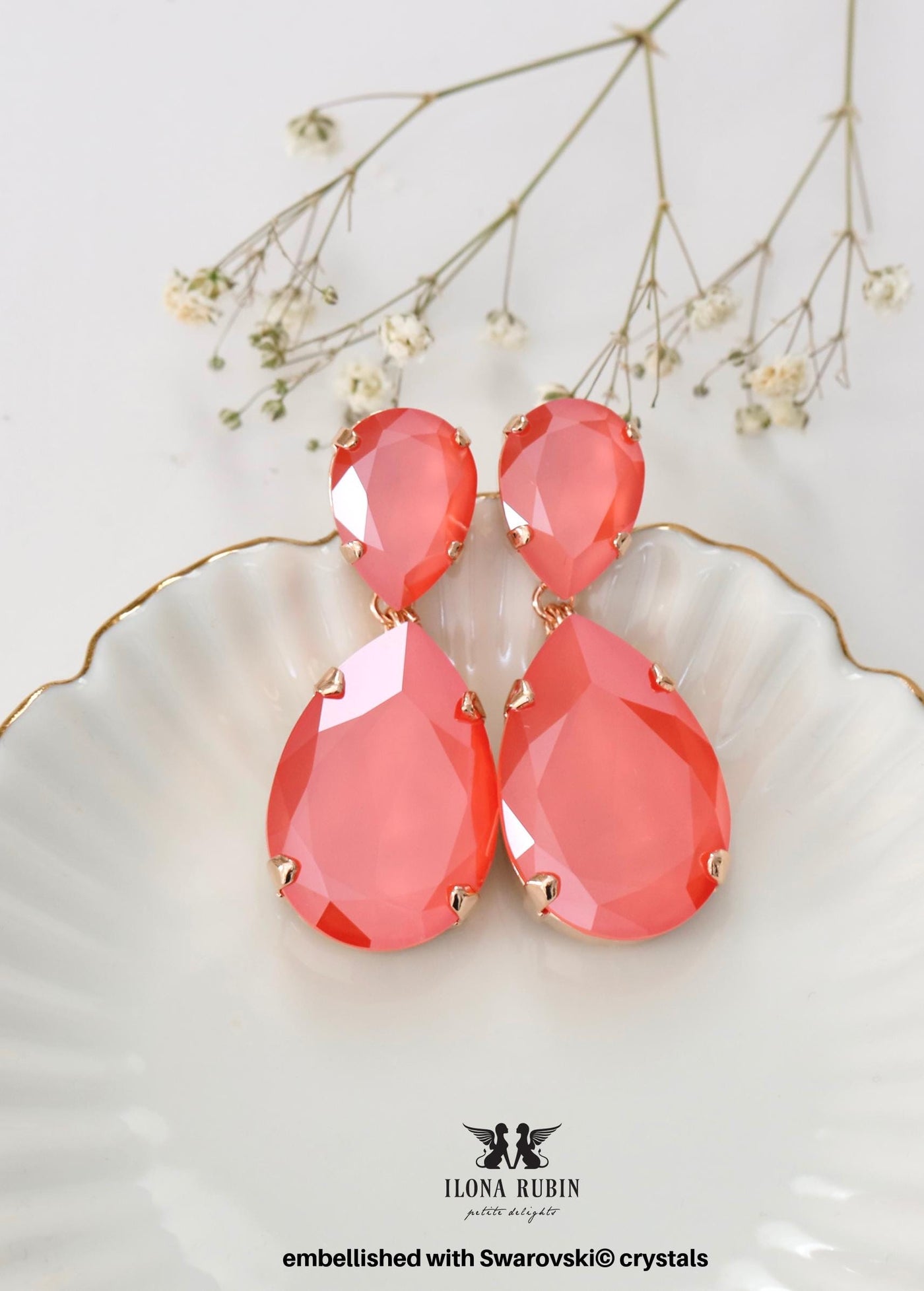 Coral Statement Long Earrings, Light Coral Chandelier Earrings, Salmon Color Crystal Earrings, Light Coral Oversized Earrings, Gift For Her