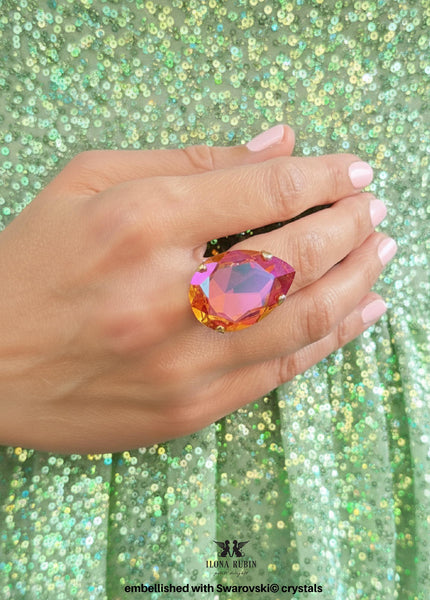 Orange Cocktail Crystal Big Ring, RARE Astral Pink Crystal Statement Ring, Burnt Orange Cocktail Ring, Oversized Rhinestone Cocktail Ring