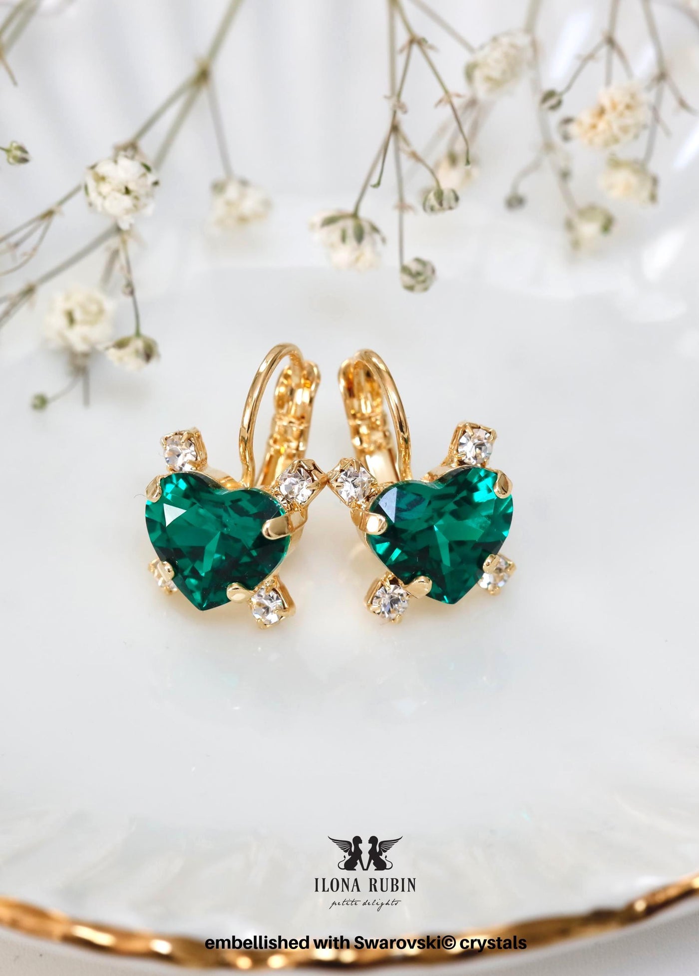 Emerald Green Crystal Drop Earrings, Heart Earrings, Dark Green Small Droplets, Emerald Wedding Bridesmaids Jewelry, Embellished Swarovski.