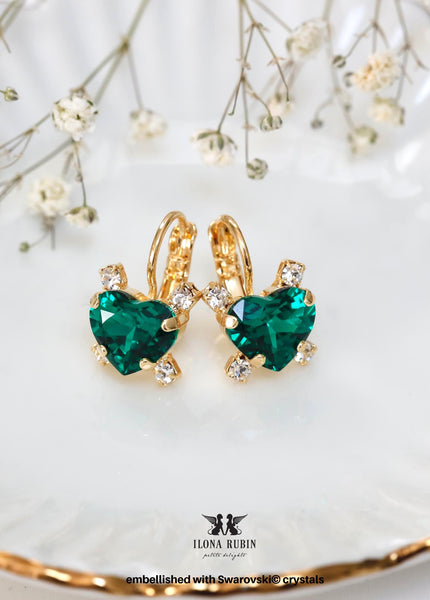 Emerald Green Crystal Drop Earrings, Heart Earrings, Dark Green Small Droplets, Emerald Wedding Bridesmaids Jewelry, Embellished Swarovski.