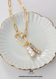 Paperclip Chain Carabiner charm Necklace, White Pearl Crystal Charm, Embellished Swarovski Crystal Pendant Necklace, Elegant Gift For Women