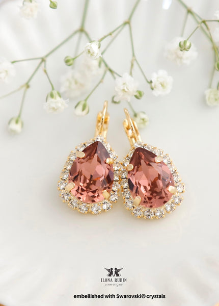Blush Rose Pear Lever Back Embellished Swarovski Crystals Earrings, Blush Teardrop Crystal Drop, Earrings, Bridesmaids Blush Earrings