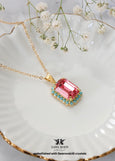 Pink Turquoise Crystal Necklace, Rose Pink Bridal Crystal Necklace, Pink Blue Emerald Cut Necklace, Bridesmaids Pink Rose Necklace