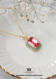 Pink Turquoise Crystal Necklace, Rose Pink Bridal Crystal Necklace, Pink Blue Emerald Cut Necklace, Bridesmaids Pink Rose Necklace