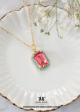 Pink Turquoise Crystal Necklace, Rose Pink Bridal Crystal Necklace, Pink Blue Emerald Cut Necklace, Bridesmaids Pink Rose Necklace