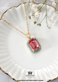 Pink Turquoise Crystal Necklace, Rose Pink Bridal Crystal Necklace, Pink Blue Emerald Cut Necklace, Bridesmaids Pink Rose Necklace