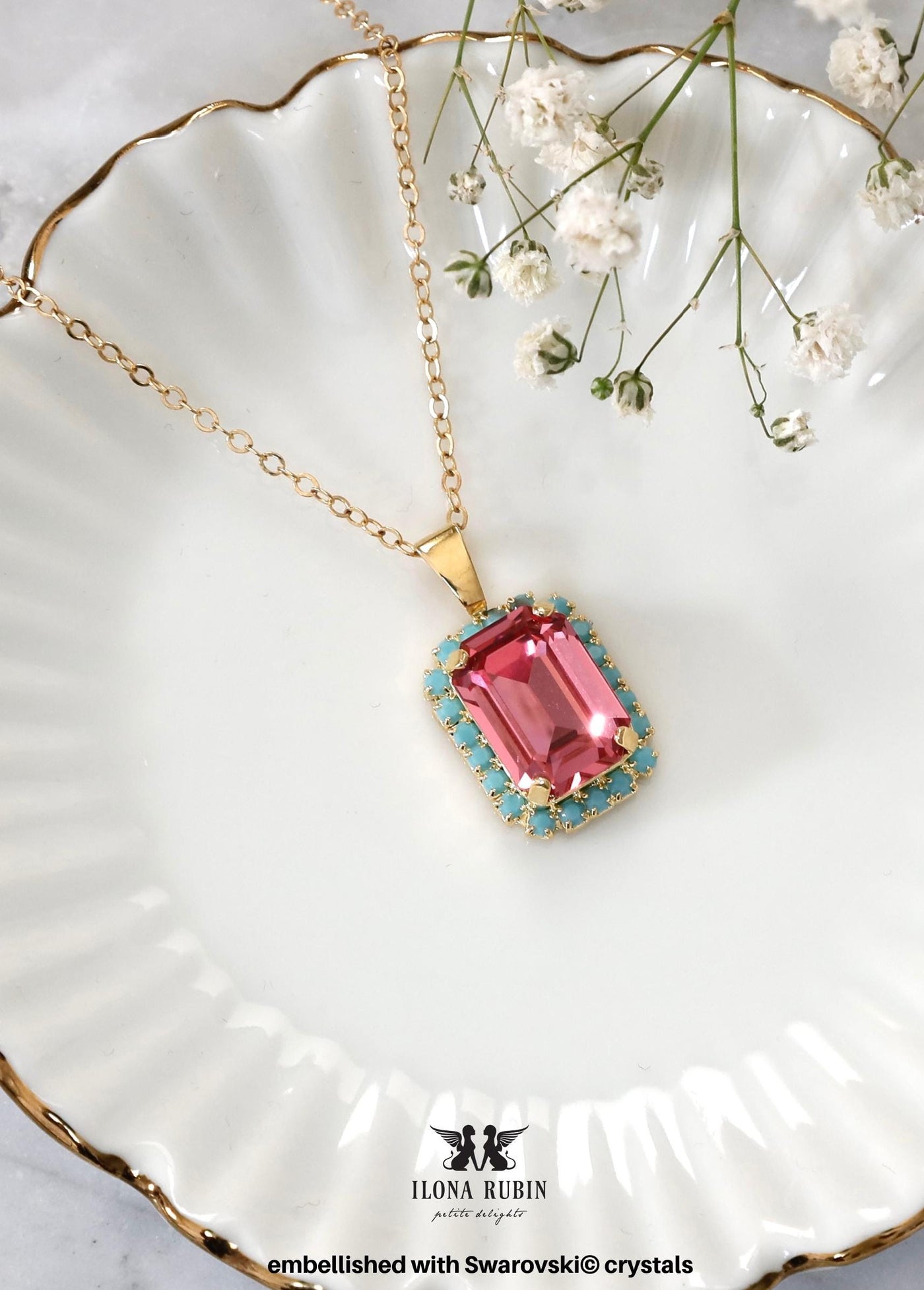 Pink Turquoise Crystal Necklace, Rose Pink Bridal Crystal Necklace, Pink Blue Emerald Cut Necklace, Bridesmaids Pink Rose Necklace