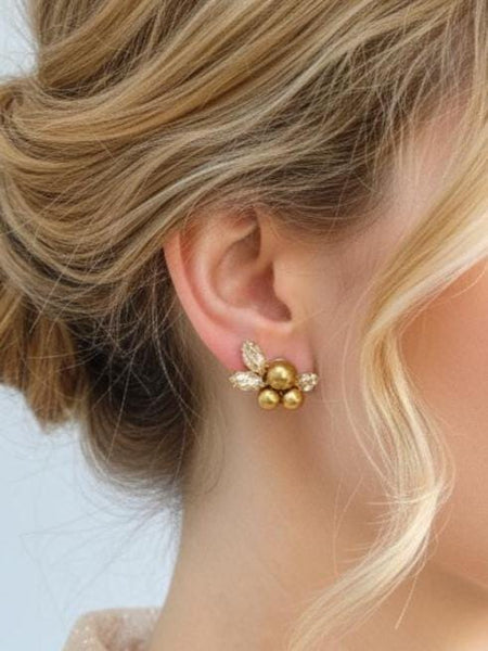 Pearl Crystal Earrings, Bridal Gold Champagne Pearl Earrings, Climbing Crystal Earrings, Bridal Climber Studs, Wedding Jewelry, Gift For Her