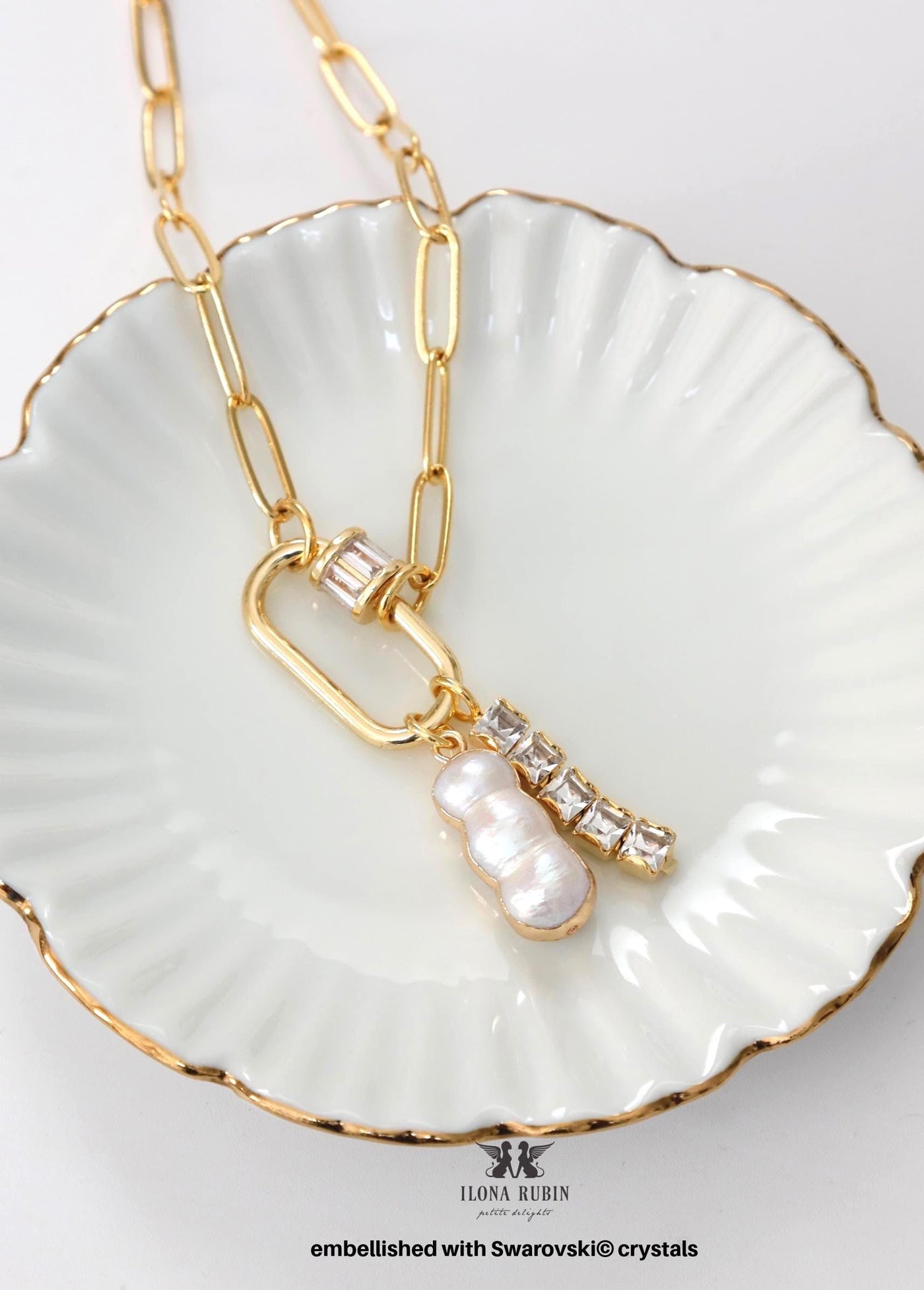 Paperclip Chain Carabiner charm Necklace, White Pearl Crystal Charm, Embellished Swarovski Crystal Pendant Necklace, Elegant Gift For Women