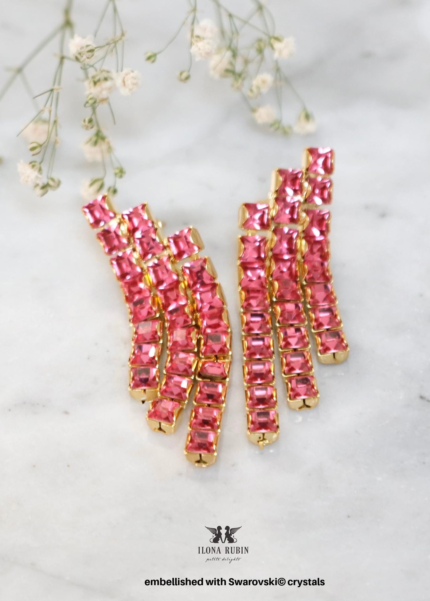 Pink Lond Dangle Earrings, Pink Rose Chandelier Earrings, Bridal Statement Jewelry, Gift for Her, Crystal Pink Tassel Chandelier Earrings