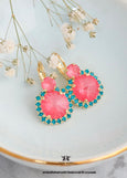 Pink Drop Earrings, Pink Dahlia Teal Lever Back Earrings, Bridesmaids gifts, Blue Pink Embellished Swarovski Crystals Jewelry, Pink Earrings