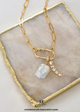 Pearl Carabiner charm Paperclip Chain Necklace, White Pearl Crystal Charm, Embellished Swarovski Crystal Pendant Necklace, Gift For Women