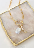Pearl Carabiner charm Paperclip Chain Necklace, White Pearl Crystal Charm, Embellished Swarovski Crystal Pendant Necklace, Gift For Women