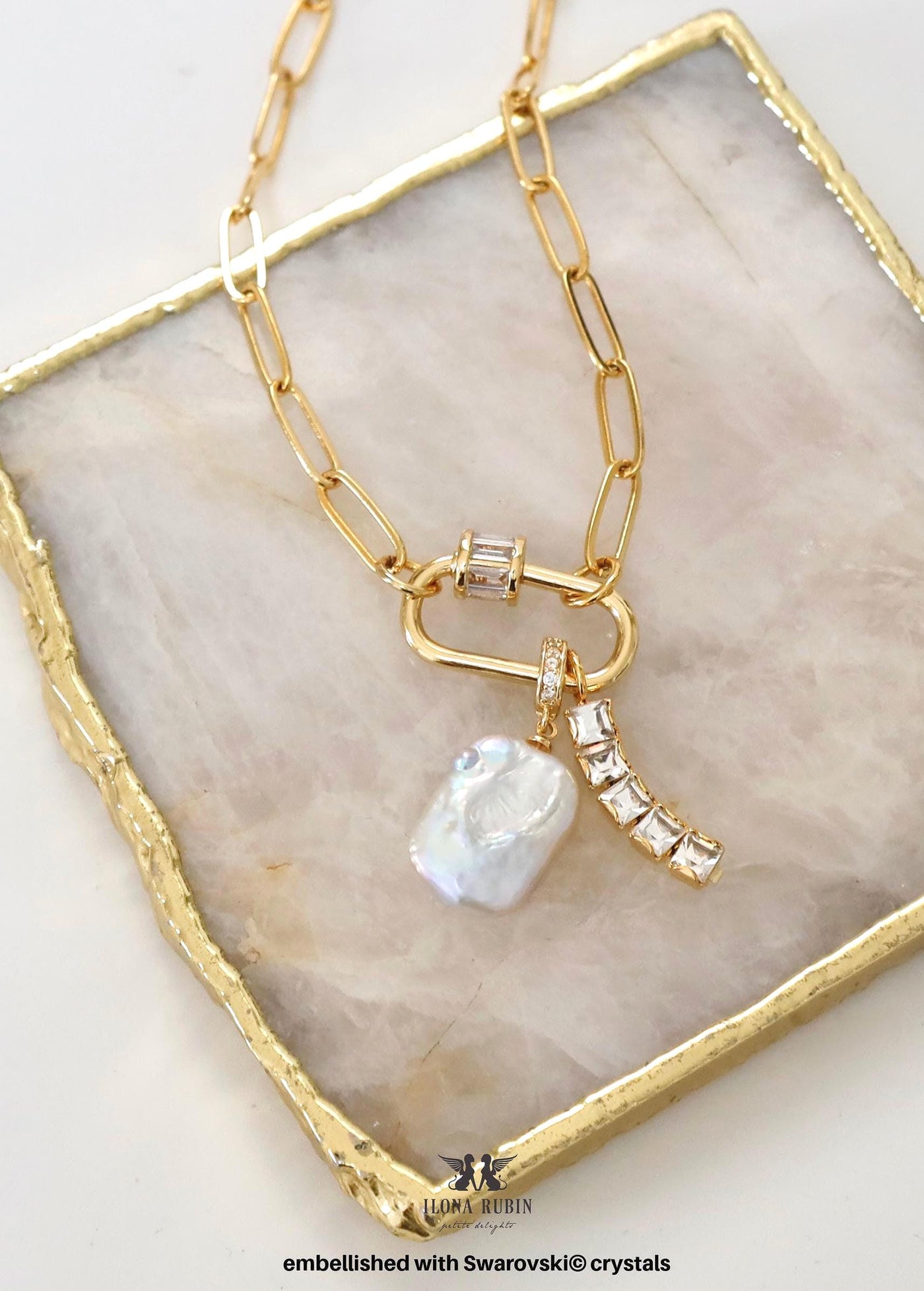 Pearl Carabiner charm Paperclip Chain Necklace, White Pearl Crystal Charm, Embellished Swarovski Crystal Pendant Necklace, Gift For Women