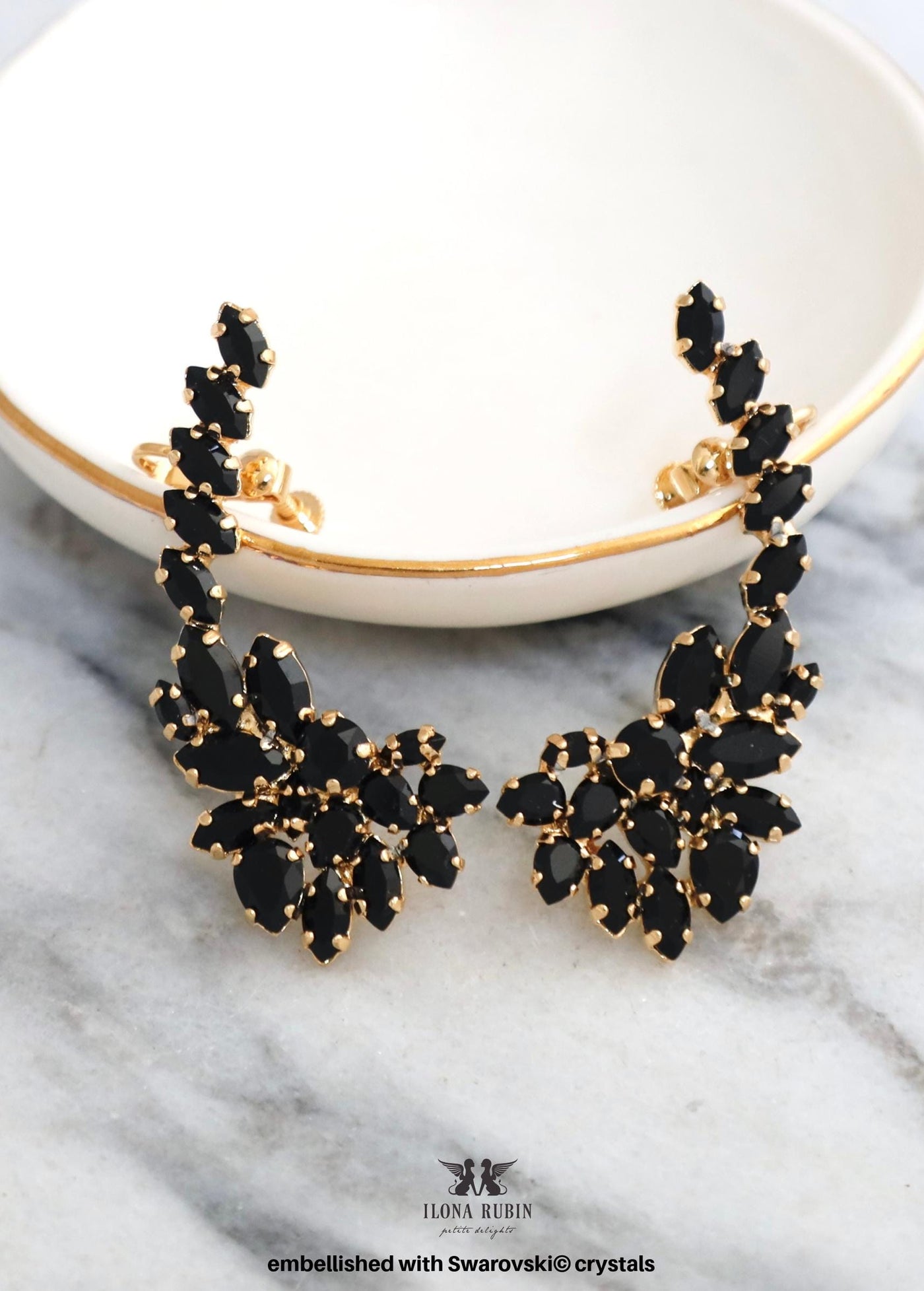 Black Climbing Earrings, Bridal Black Ear Climbing Earrings, Black Crystal Ear Crawlers, Black Wedding Jewelry, Prom Ear Cuff Earrings