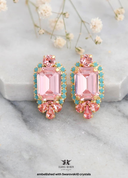 Pink Crystal Emerald Cut Crystal Stud Earrings, Light pink Cluster Stud Earrings, Light Rose Cluster Stud Earrings, Bridemaids Earrings
