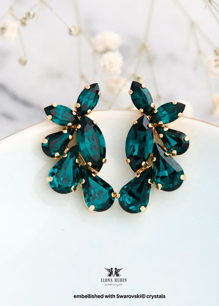 Emerald Green Crystal Earrings, Dark Green Stud Earrings, Bridal Emerald Wedding Earrings, Bridesmaids Gift, Green Jewelry