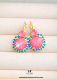 Pink Drop Earrings, Pink Dahlia Teal Lever Back Earrings, Bridesmaids gifts, Blue Pink Embellished Swarovski Crystals Jewelry, Pink Earrings