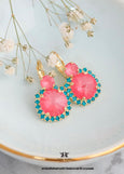 Pink Drop Earrings, Pink Dahlia Teal Lever Back Earrings, Bridesmaids gifts, Blue Pink Embellished Swarovski Crystals Jewelry, Pink Earrings