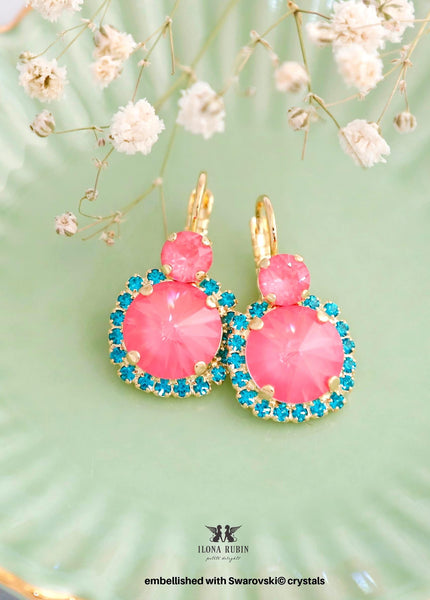 Pink Drop Earrings, Pink Dahlia Teal Lever Back Earrings, Bridesmaids gifts, Blue Pink Embellished Swarovski Crystals Jewelry, Pink Earrings
