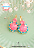 Pink Drop Earrings, Pink Dahlia Teal Lever Back Earrings, Bridesmaids gifts, Blue Pink Embellished Swarovski Crystals Jewelry, Pink Earrings