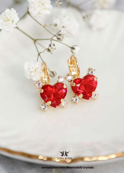 Red Heart Crystal Drop Earrings, Heart Earrings, Hot Red Small Droplets, Ruby Red Heart Wedding Bridesmaids Jewelry, Embellished Swarovski.