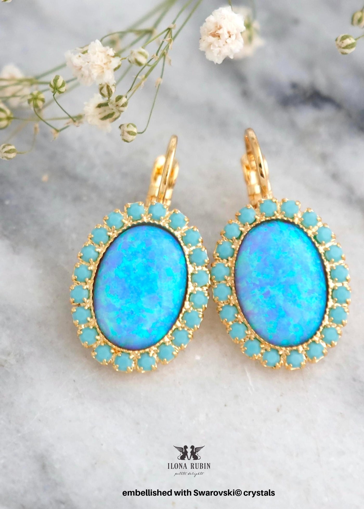 Opal Drop Earrings, Blue Opal Lab Lever Back Earrings, Bridesmaids gifts, Light Blue Embellished Swarovski Crystals Jewelry, Opal Earrings