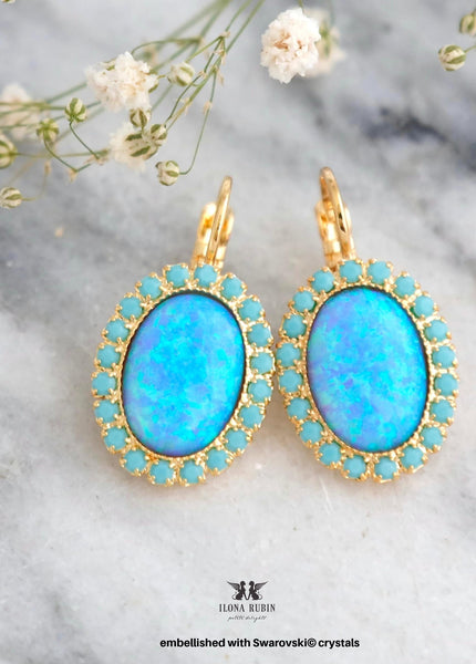 Opal Drop Earrings, Blue Opal Lab Lever Back Earrings, Bridesmaids gifts, Light Blue Embellished Swarovski Crystals Jewelry, Opal Earrings