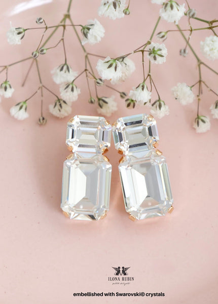 Bridal Classic Wedding Stud Earrings, Clear Crystal Emerald Cut Earrings, Bridal Crystal White Statement Studs, Bridesmaids Earrings