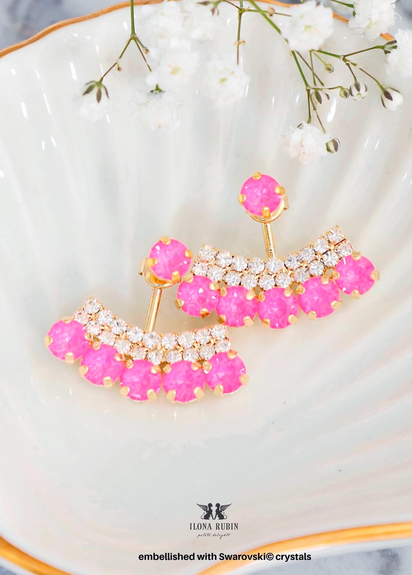 Ear Jacket Earrings, Electric Pink Ear jacket Earrings, Back Front Pink Crystal Bridal, Hot Neon Pink Earrings, Double Sided Earrings