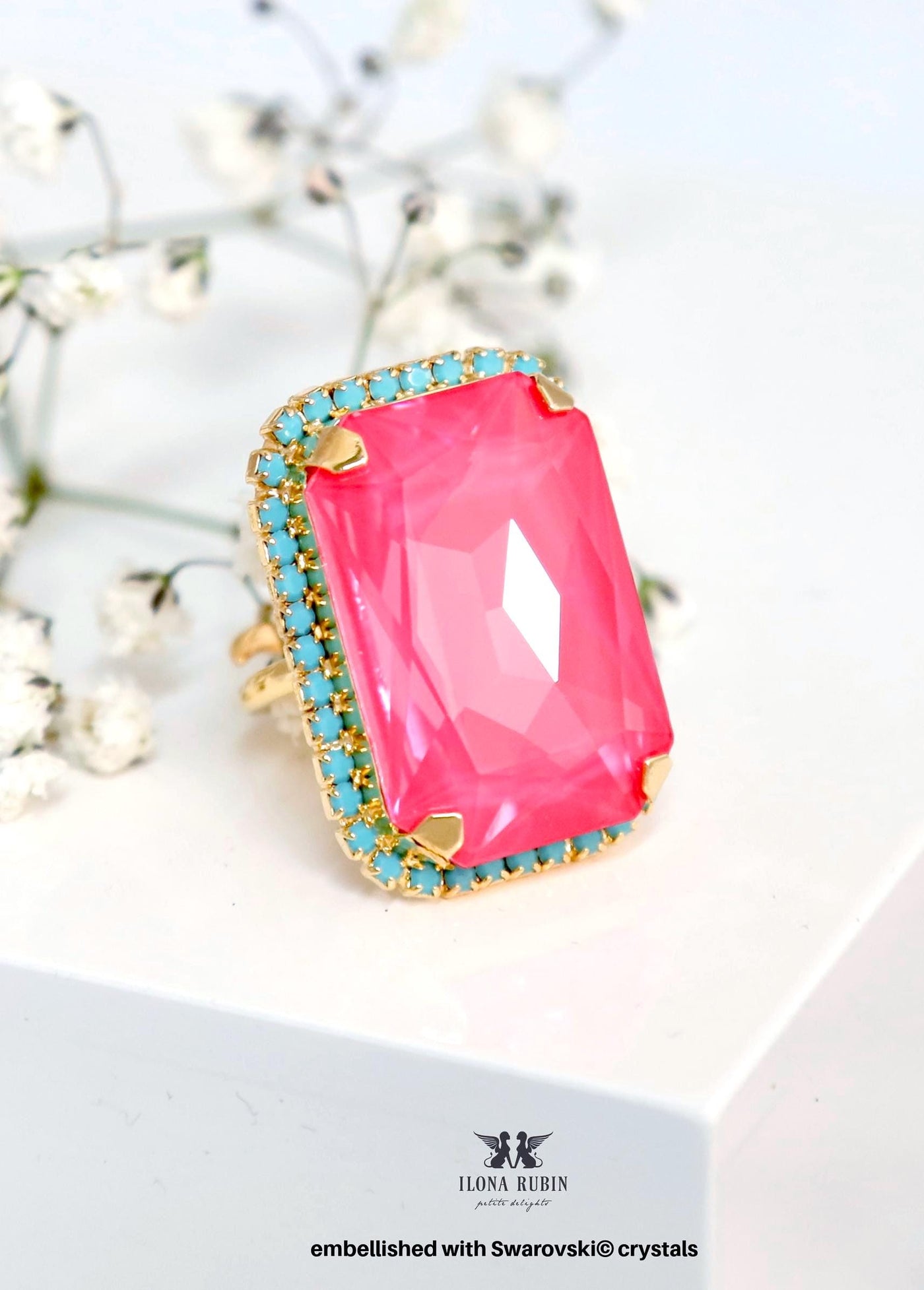 Pink Cocktail Crystal Ring, Statement Dahlia Crystal Ring, Hot Pink Adjustable Crystal Cocktail Ring, Pink Turquoise Crystal Gold Ring.