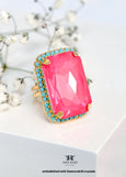 Pink Cocktail Crystal Ring, Statement Dahlia Crystal Ring, Hot Pink Adjustable Crystal Cocktail Ring, Pink Turquoise Crystal Gold Ring.