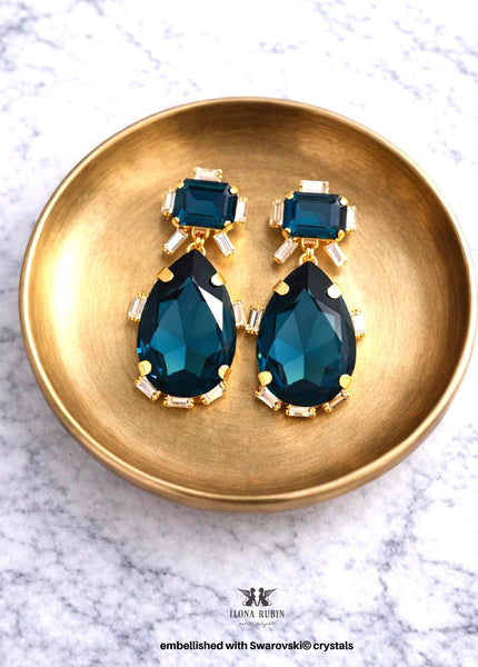 Blue Navy Chandeliers, Bridal Dark Blue Earrings, Statement Blue Navy Crystal Earrings, Blue Pear Daped Dangle Chandeliers