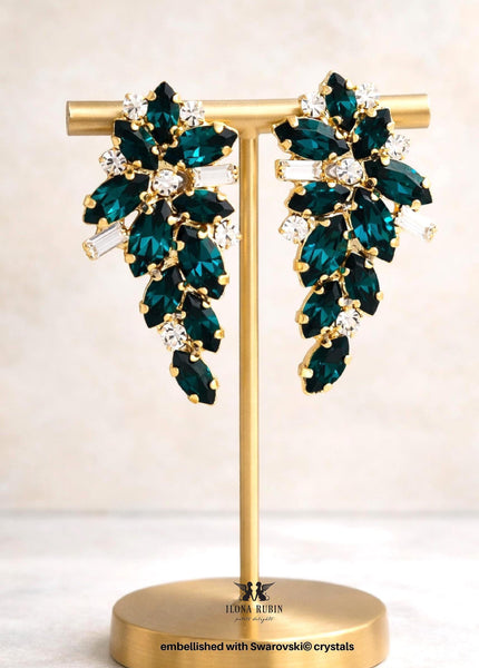 Emerald Green Crystal Earrings, Dark Green Cluster Stud Earrings, Bridal Emerald Wedding Earrings, Bridesmaids Gift, Green Wedding Jewelry