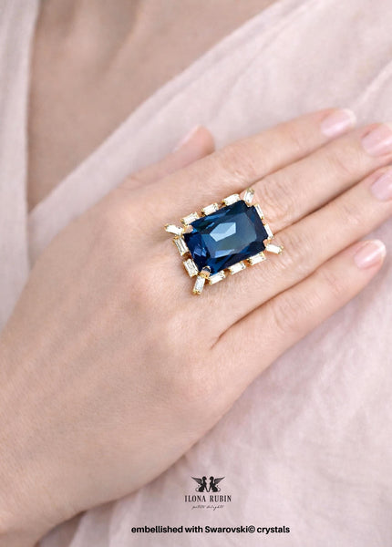 Blue Navy Cocktail Crystal Ring, Statement Navy Blue Crystal Ring, Dark Blue Adjustable Crystal Emerald Cut Ring, Blue Crystal Big Ring