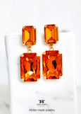 Orange Statement Crystal Chandeliers, Dark Orange Emerald Cut Earrings, Long Orange Oversized Earrings, Burnt Orange Chandelier Earrings