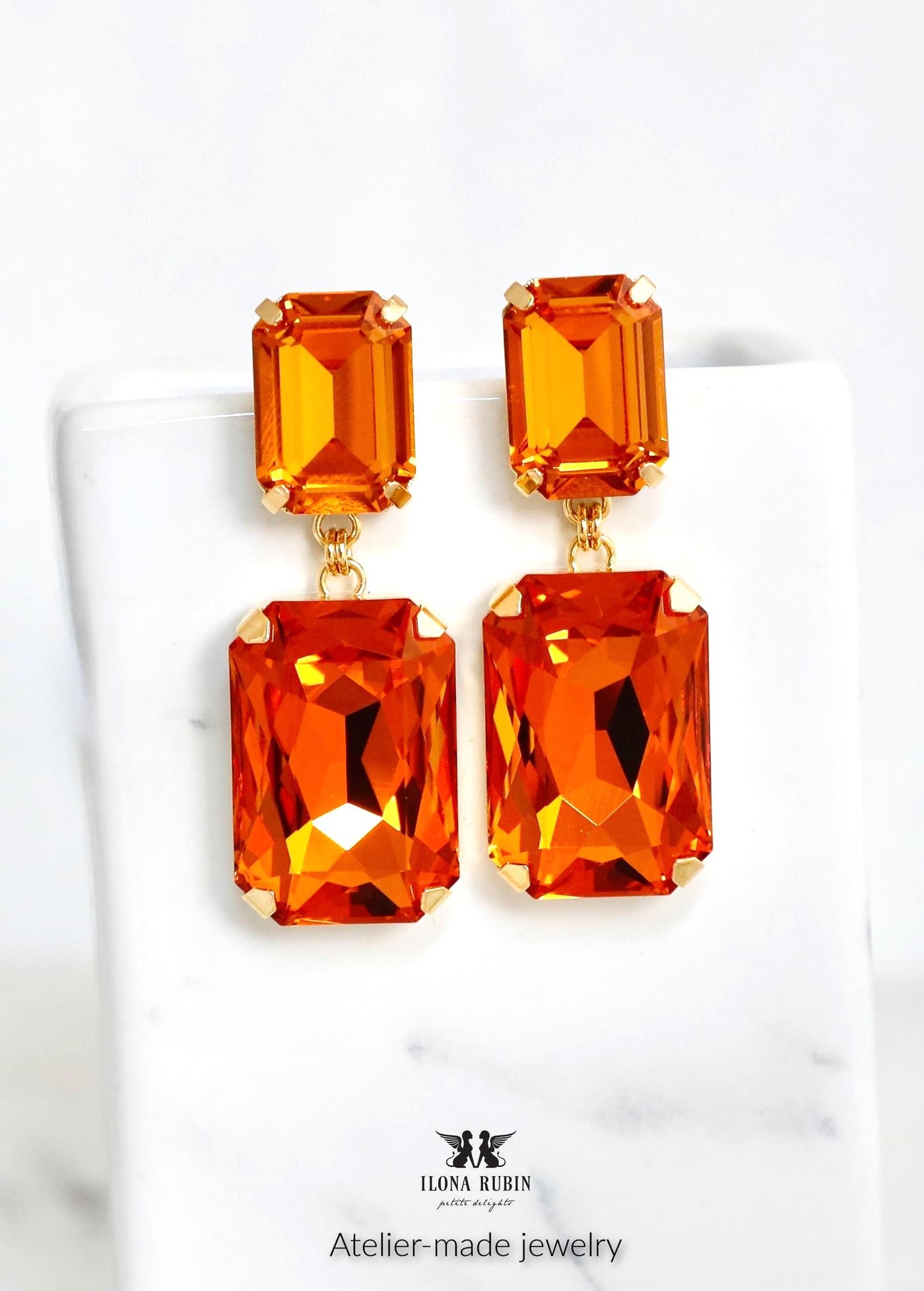 Orange Statement Crystal Chandeliers, Dark Orange Emerald Cut Earrings, Long Orange Oversized Earrings, Burnt Orange Chandelier Earrings