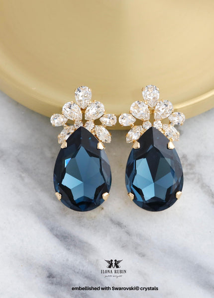 Blue Navy Statement Crystal Earrings, Dark Blue Oversized Crystal Wedding Earrings, Blue Sapphire Crystal Pear Earrings.