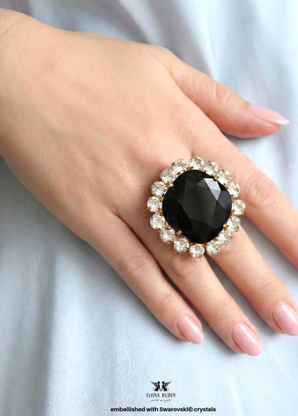 Black Cocktail Crystal Ring, Black Statement Crystal Ring, Oversized Black Gold Crystal Ring, Adjustable Cocktail Black Ring, Gift For