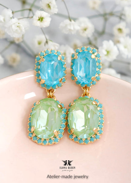 Light Green Blue Chandelier Earrings, Tropical Long crystal Drop Earrings, Light Green Blue Long Earrings, Soft Aqua Blue Bridal Earrings
